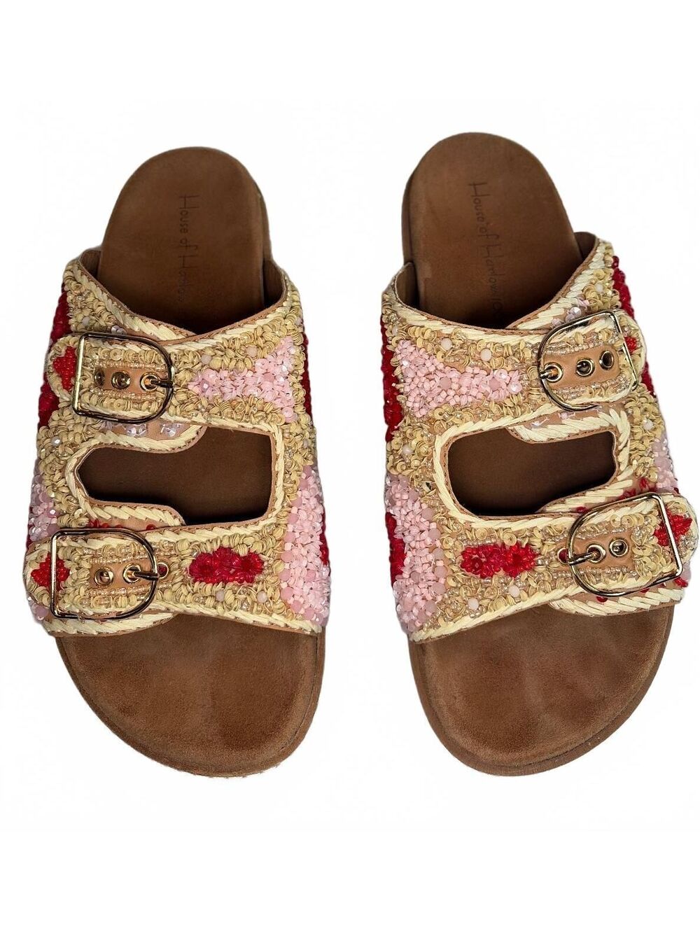 House of Harlow 7.5 Pink Red Beaded Buckle Slide Sandals Boho Chic Wearable Art